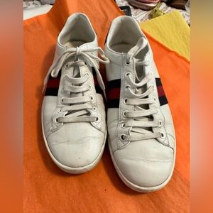 Used Gucci Ace Sneakers with Blue Stripe. Size 37.5 fits a US 8